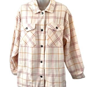 HFX Women's XL Plaid Flannel Shacket Shirt Jacket 4 PKTS Snaps Pink Plaid NWT